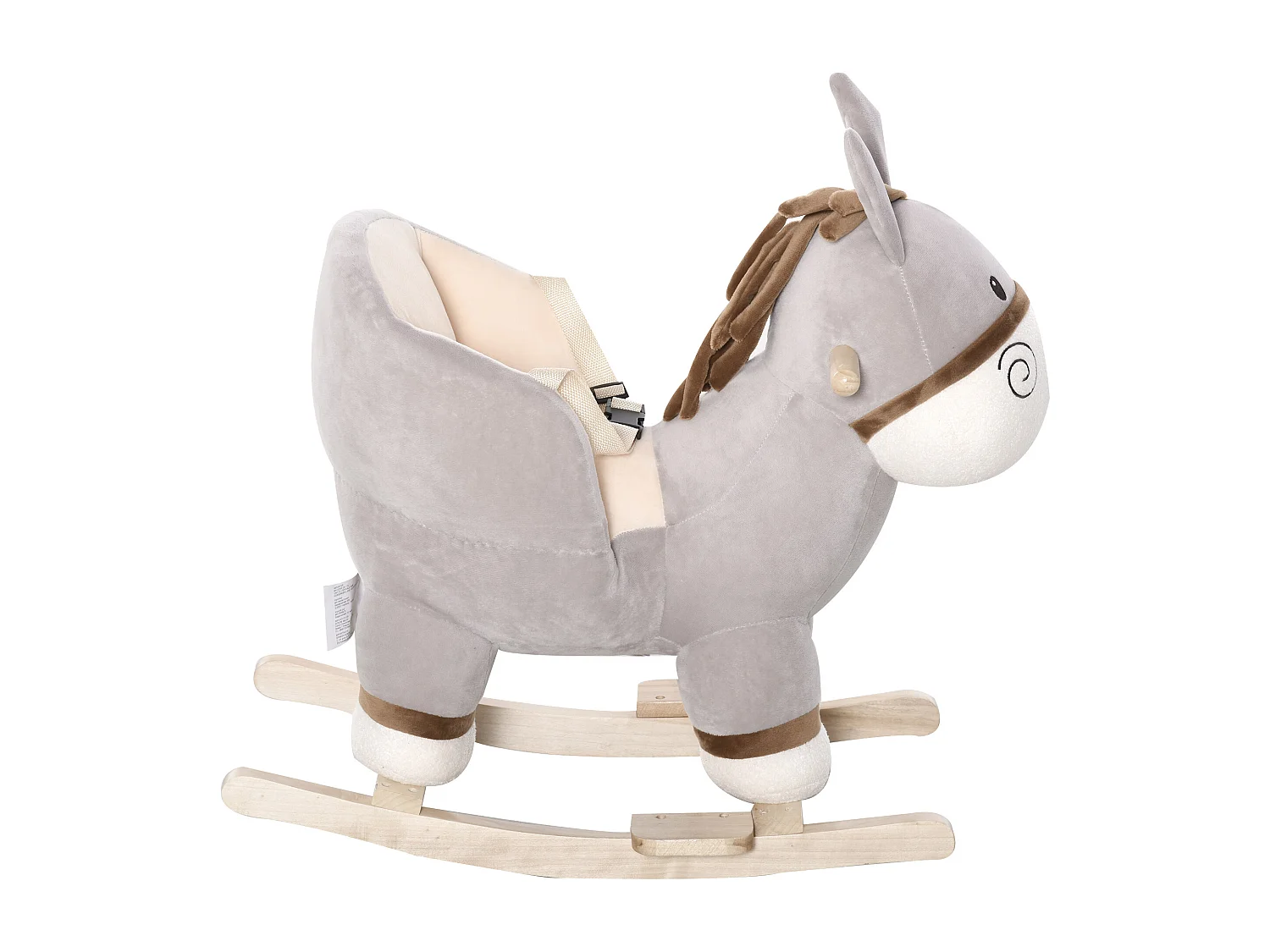 Cheval à bascule modèle âne fonction musicale selle grand confort peluche courte douce bois peuplier gris dim. 61L x 34l x 58H cm