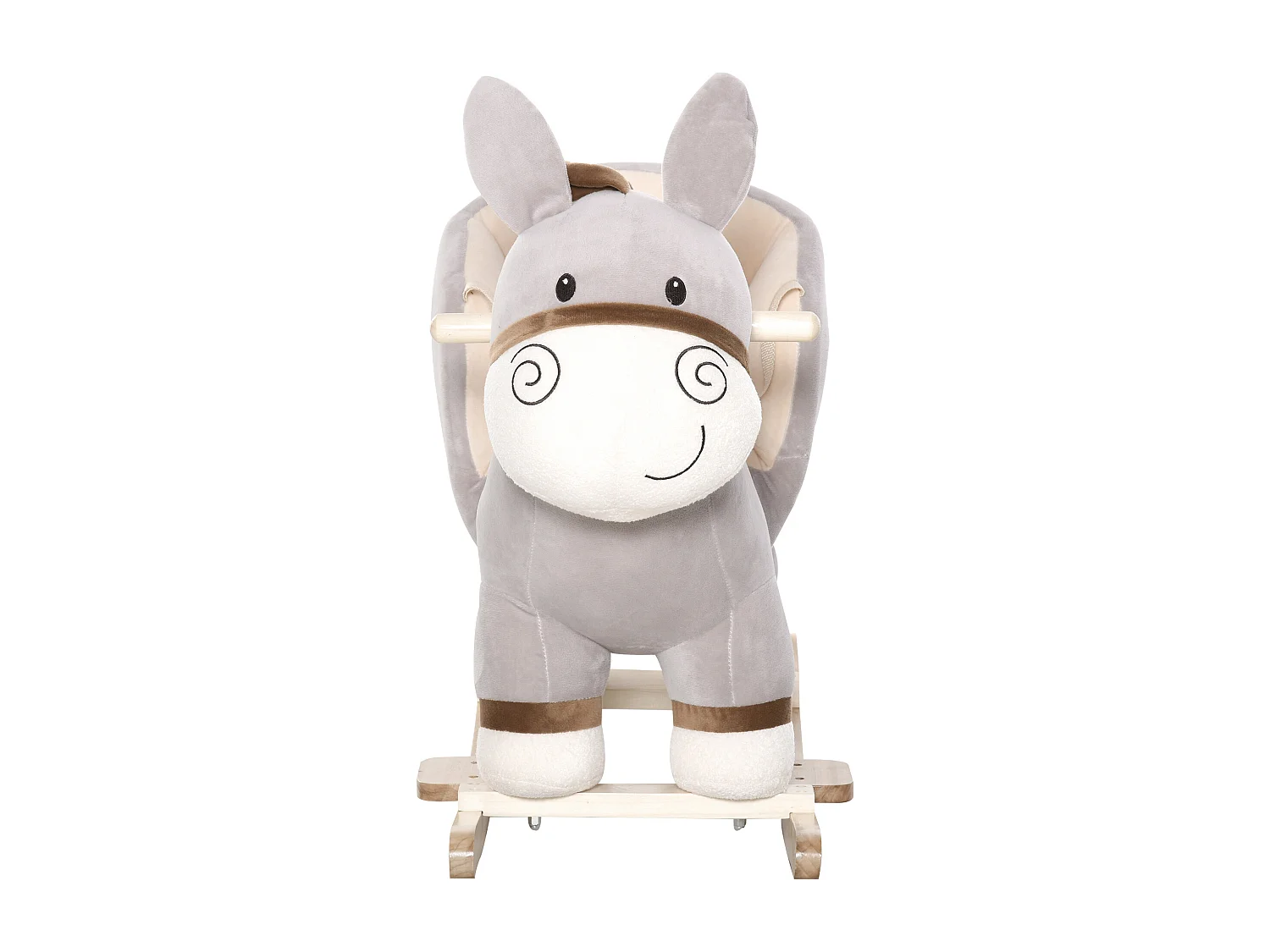 Cheval à bascule modèle âne fonction musicale selle grand confort peluche courte douce bois peuplier gris dim. 61L x 34l x 58H cm