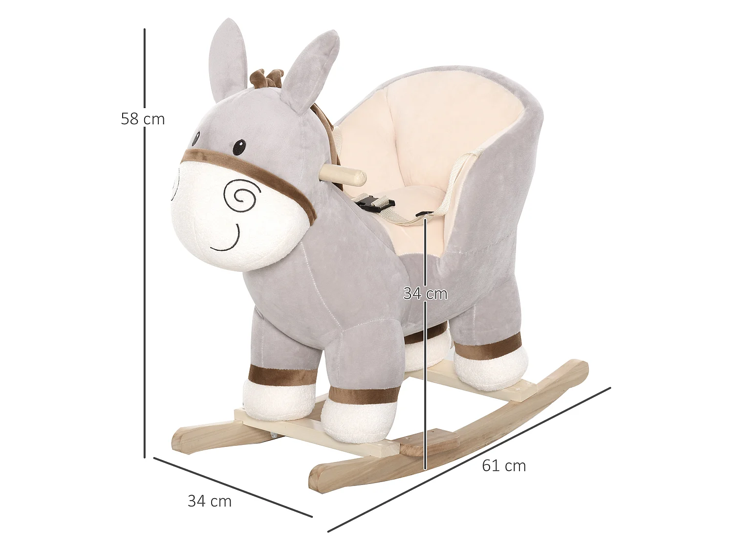 Cheval à bascule modèle âne fonction musicale selle grand confort peluche courte douce bois peuplier gris dim. 61L x 34l x 58H cm