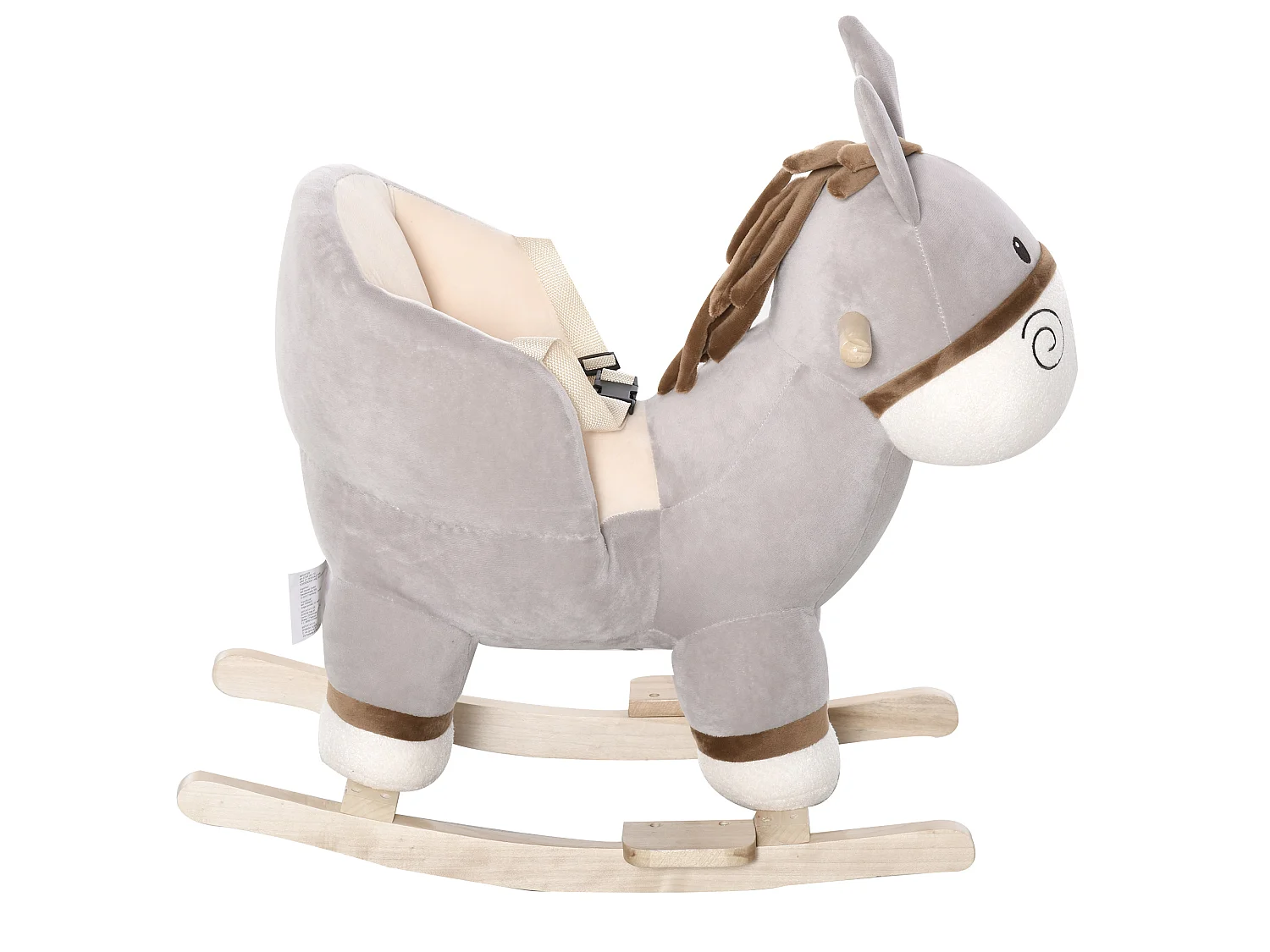 Cheval à bascule modèle âne fonction musicale selle grand confort peluche courte douce bois peuplier gris dim. 61L x 34l x 58H cm