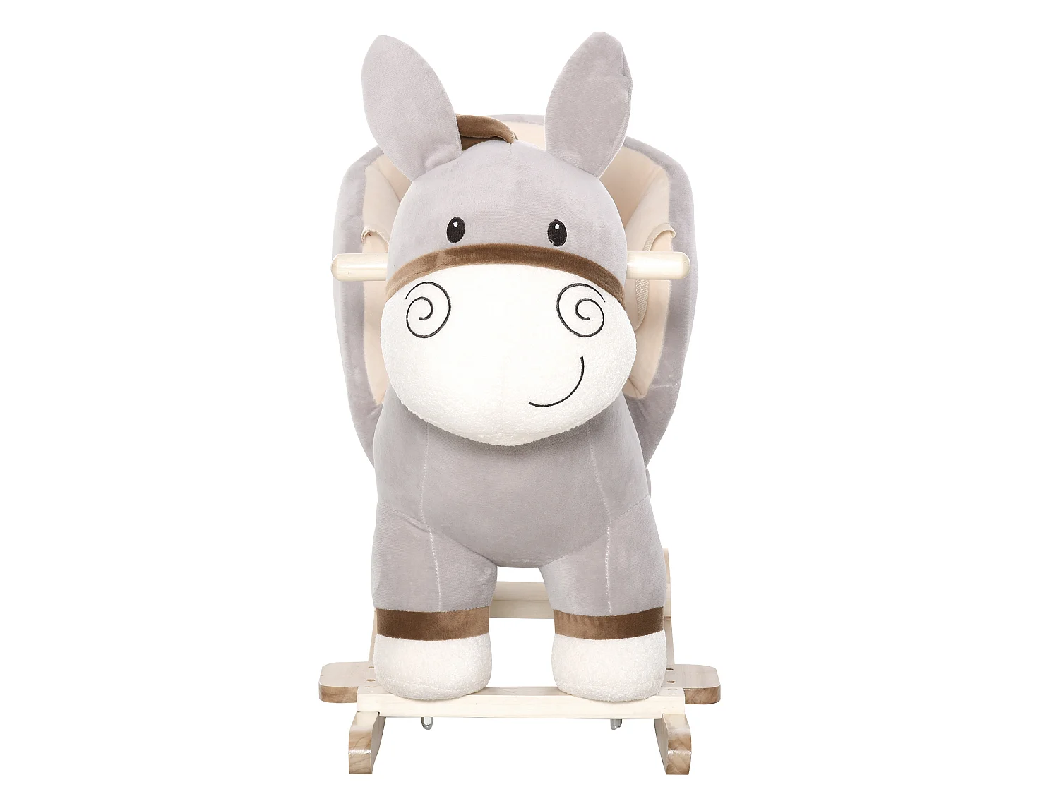 Cheval à bascule modèle âne fonction musicale selle grand confort peluche courte douce bois peuplier gris dim. 61L x 34l x 58H cm