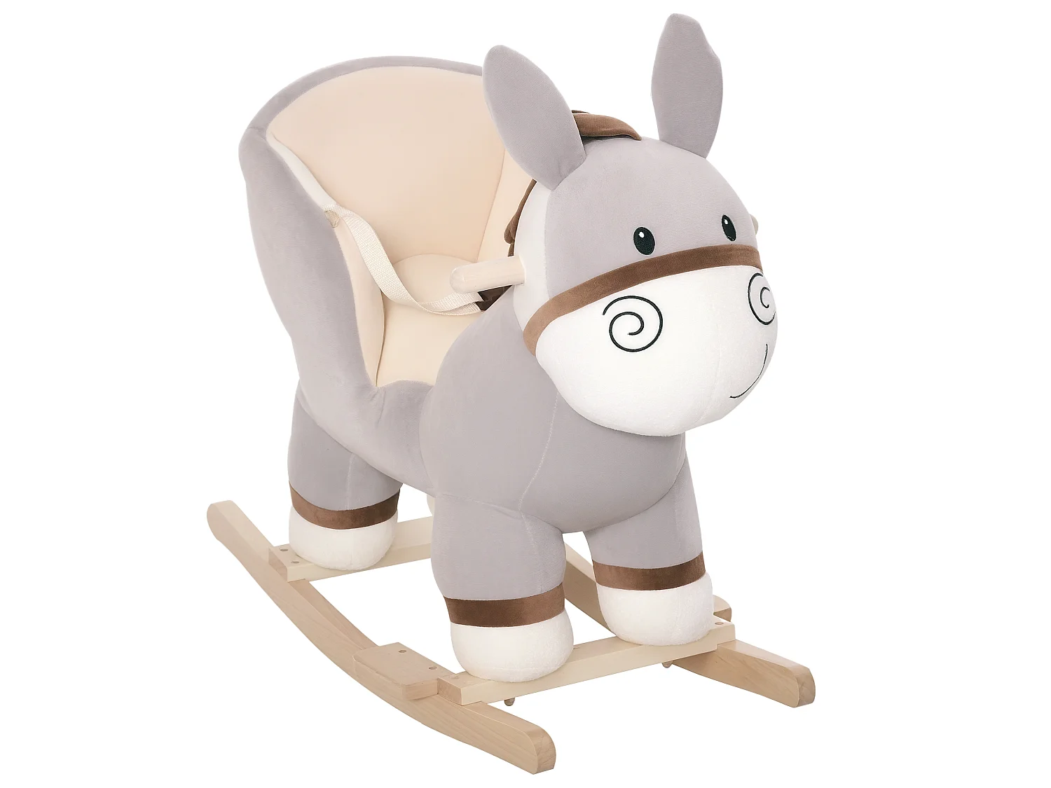 Cheval à bascule modèle âne fonction musicale selle grand confort peluche courte douce bois peuplier gris dim. 61L x 34l x 58H cm