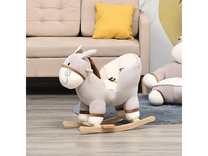 Cheval à bascule modèle âne fonction musicale selle grand confort peluche courte douce bois peuplier gris dim. 61L x 34l x 58H cm