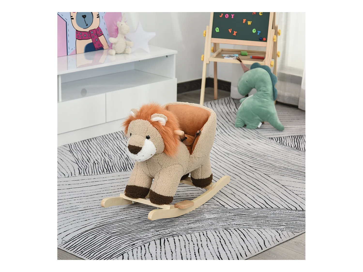 Cheval à bascule modèle lion fonction musicale selle grand confort peluche courte douce bois peuplier marron dim. 68L x 35l x 50H cm