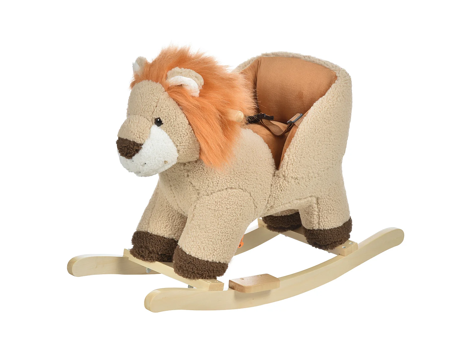 Cheval à bascule modèle lion fonction musicale selle grand confort peluche courte douce bois peuplier marron dim. 68L x 35l x 50H cm