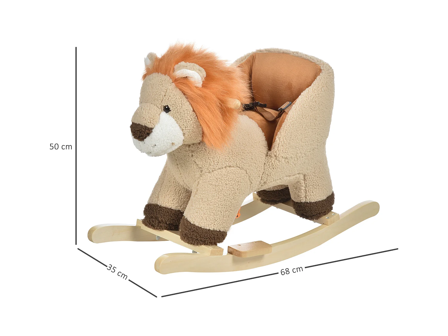 Cheval à bascule modèle lion fonction musicale selle grand confort peluche courte douce bois peuplier marron dim. 68L x 35l x 50H cm