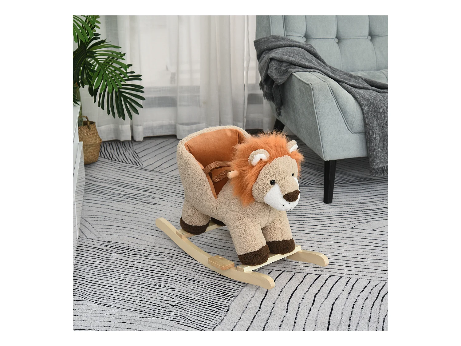 Cheval à bascule modèle lion fonction musicale selle grand confort peluche courte douce bois peuplier marron dim. 68L x 35l x 50H cm