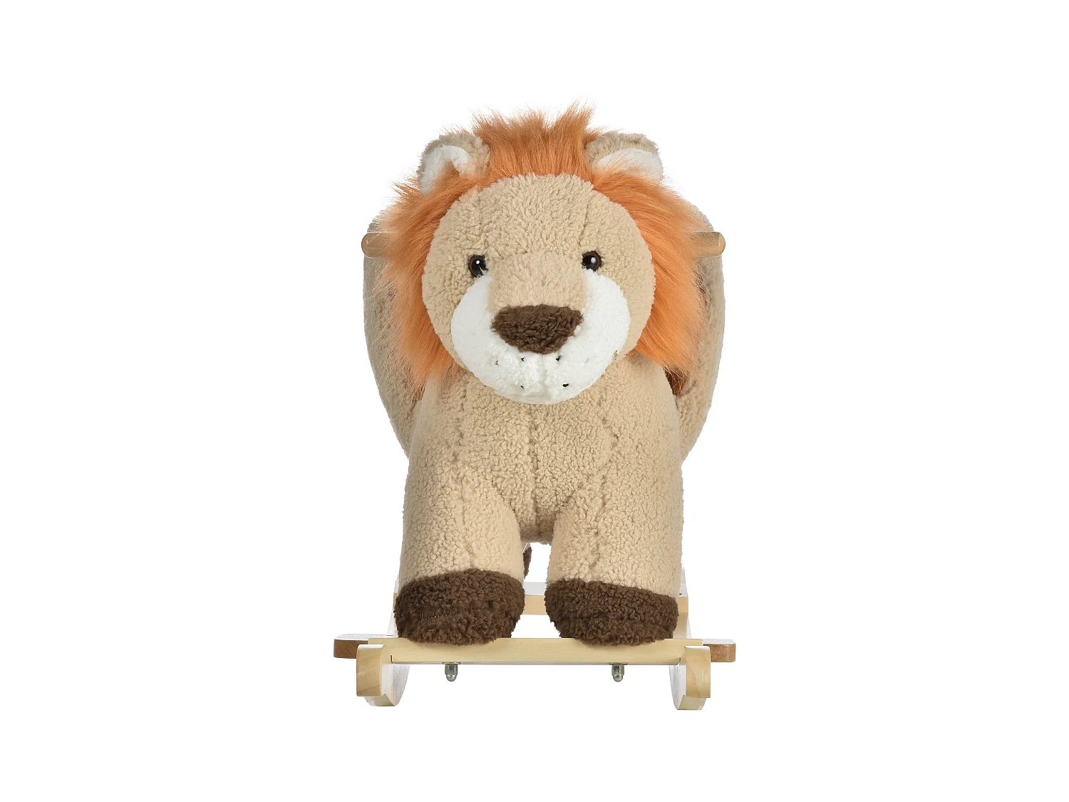 Cheval à bascule modèle lion fonction musicale selle grand confort peluche courte douce bois peuplier marron dim. 68L x 35l x 50H cm