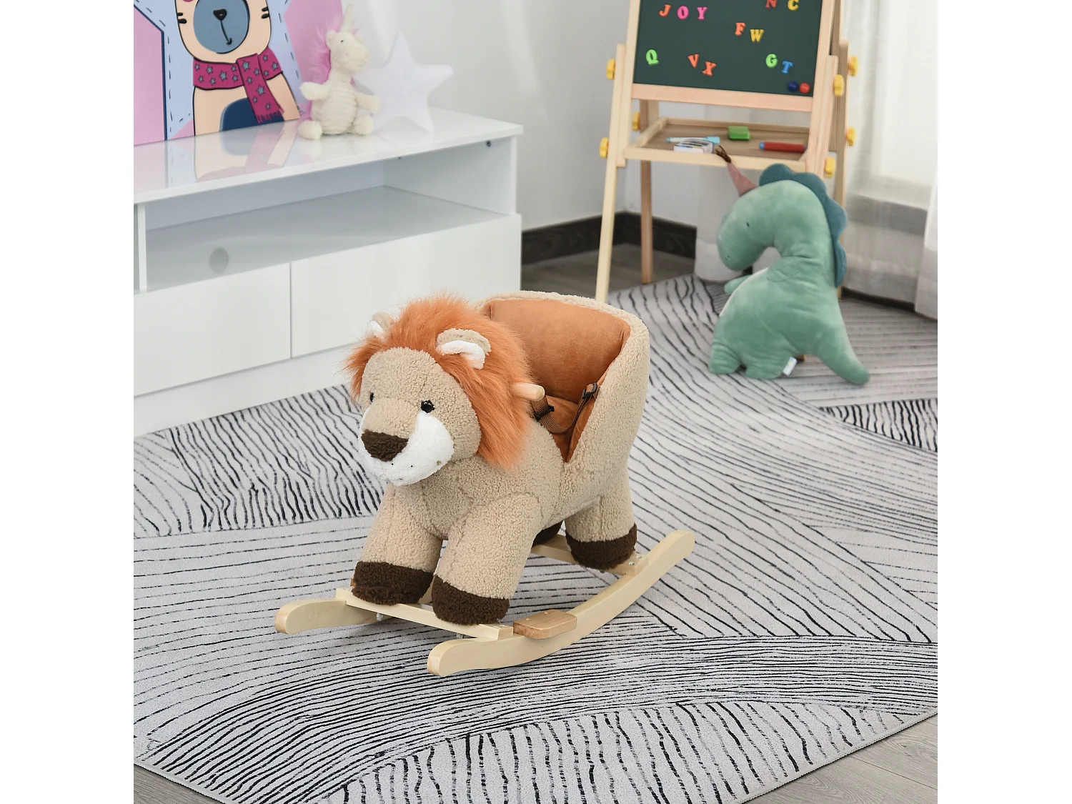 Cheval à bascule modèle lion fonction musicale selle grand confort peluche courte douce bois peuplier marron dim. 68L x 35l x 50H cm