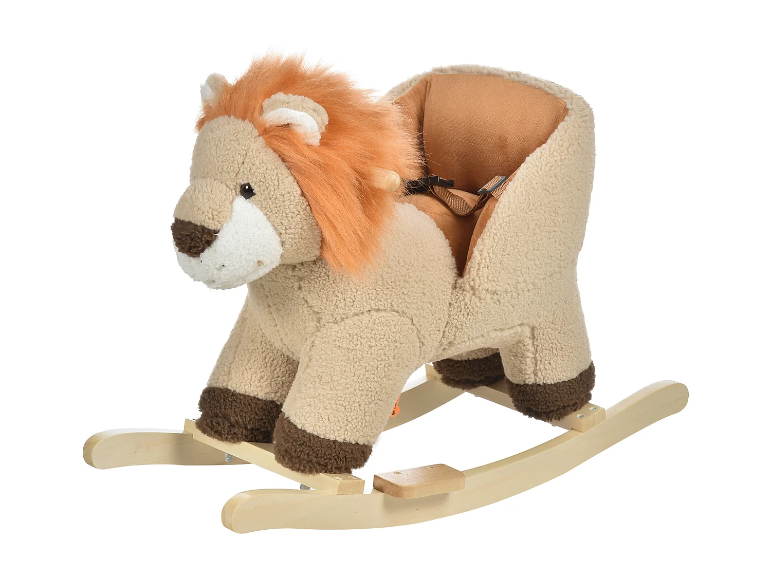 Cheval à bascule modèle lion fonction musicale selle grand confort peluche courte douce bois peuplier marron dim. 68L x 35l x 50H cm