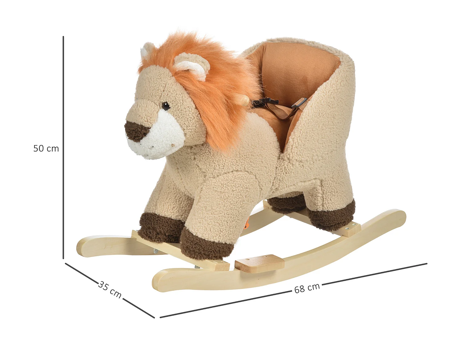 Cheval à bascule modèle lion fonction musicale selle grand confort peluche courte douce bois peuplier marron dim. 68L x 35l x 50H cm