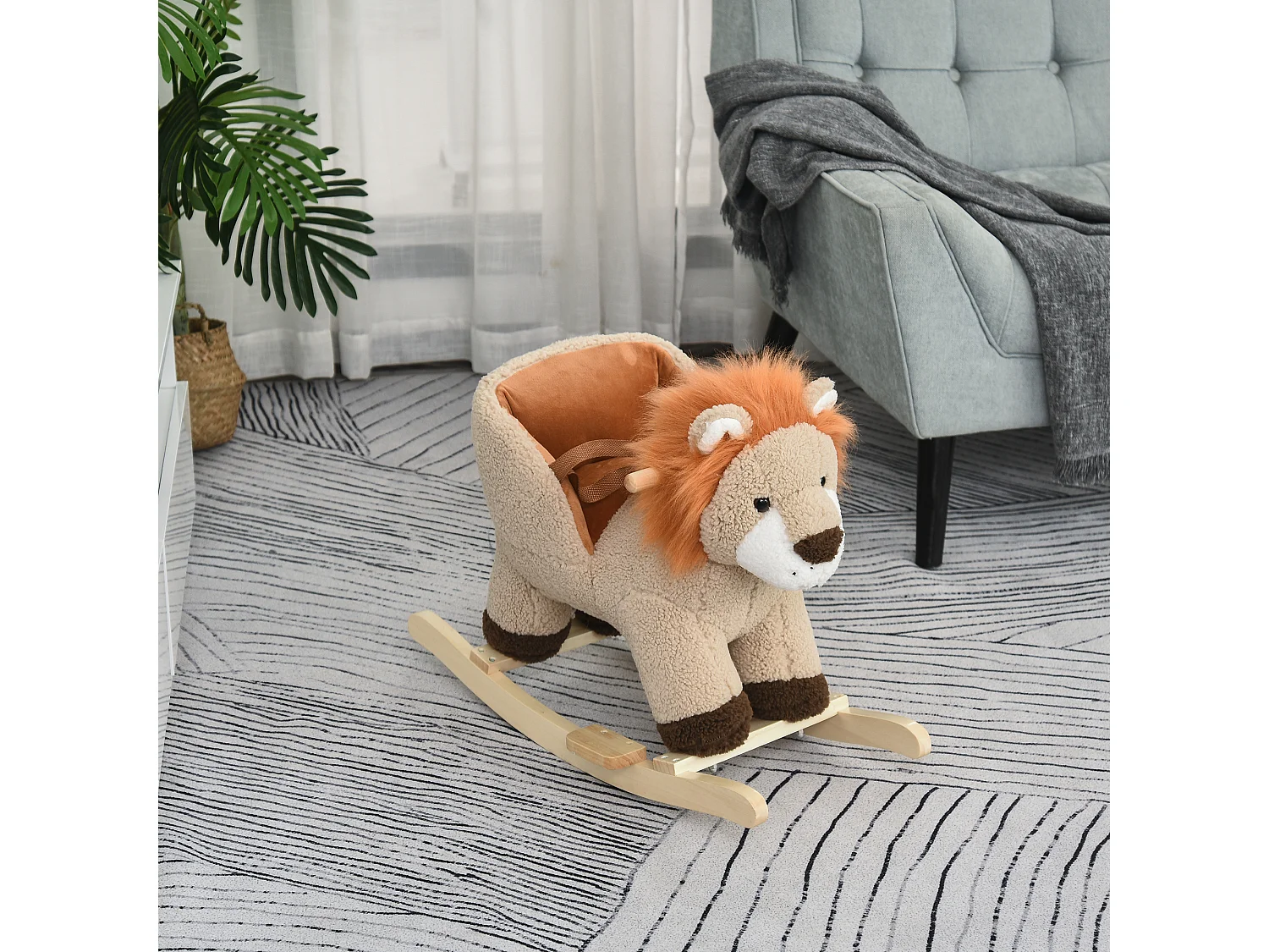 Cheval à bascule modèle lion fonction musicale selle grand confort peluche courte douce bois peuplier marron dim. 68L x 35l x 50H cm