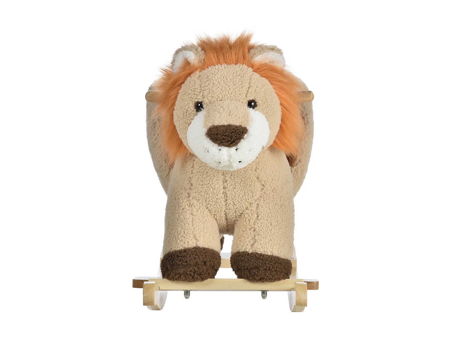 Cheval à bascule modèle lion fonction musicale selle grand confort peluche courte douce bois peuplier marron dim. 68L x 35l x 50H cm