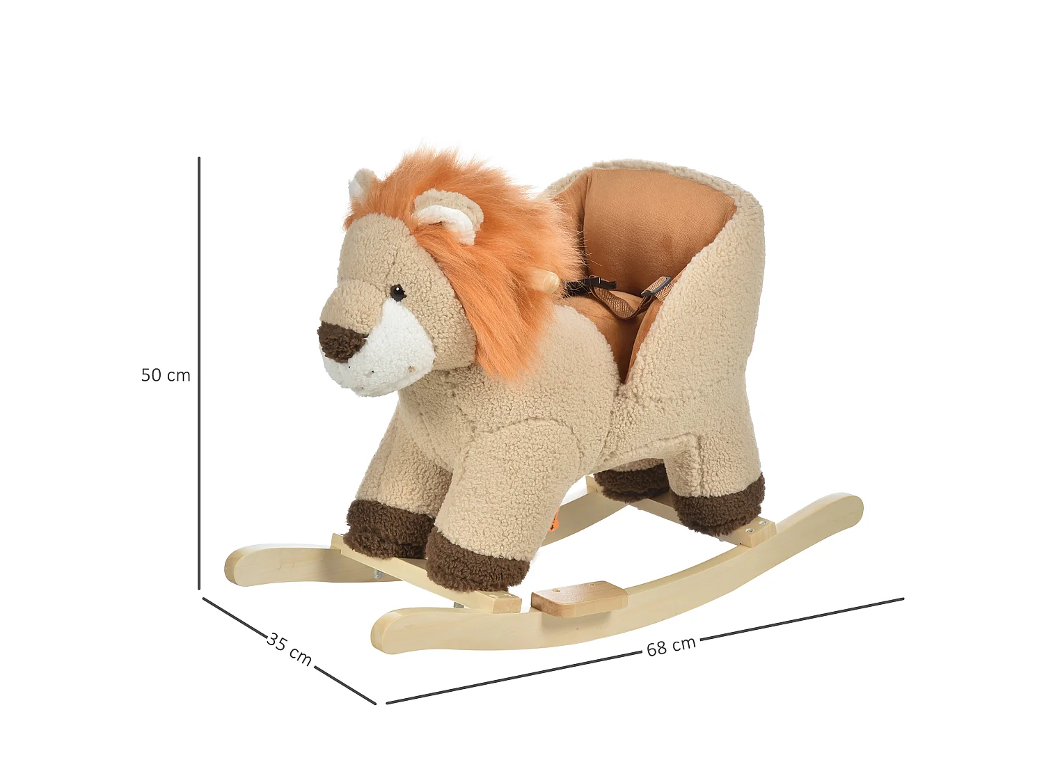 Cheval à bascule modèle lion fonction musicale selle grand confort peluche courte douce bois peuplier marron dim. 68L x 35l x 50H cm