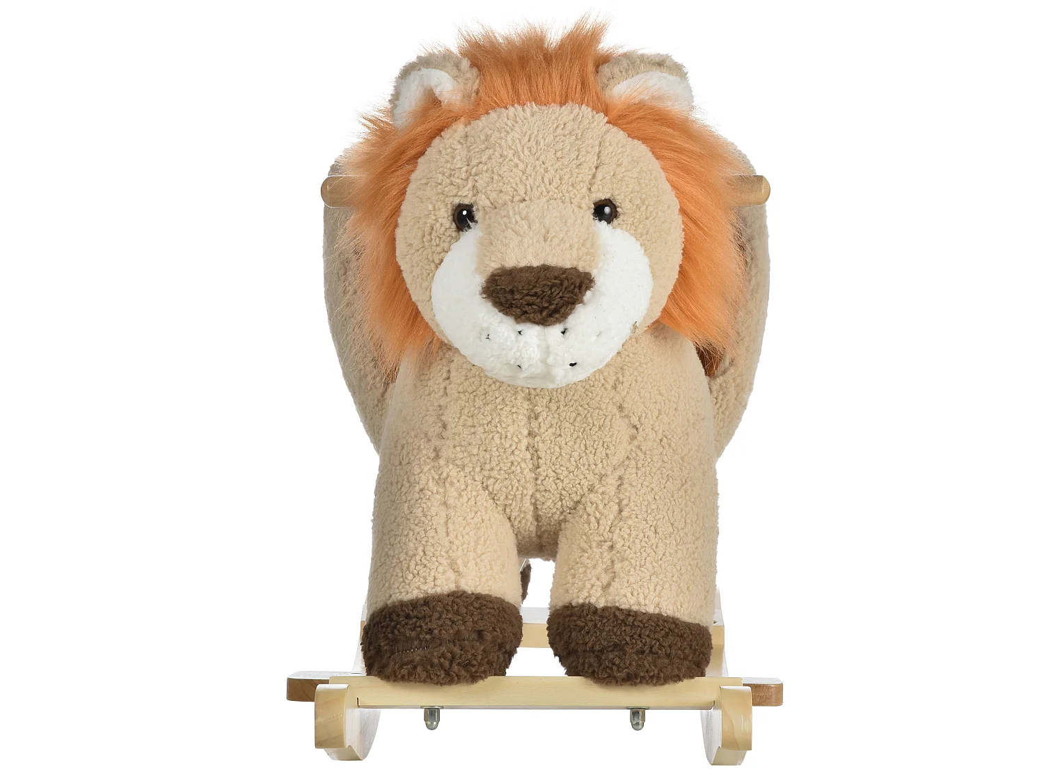 Cheval à bascule modèle lion fonction musicale selle grand confort peluche courte douce bois peuplier marron dim. 68L x 35l x 50H cm