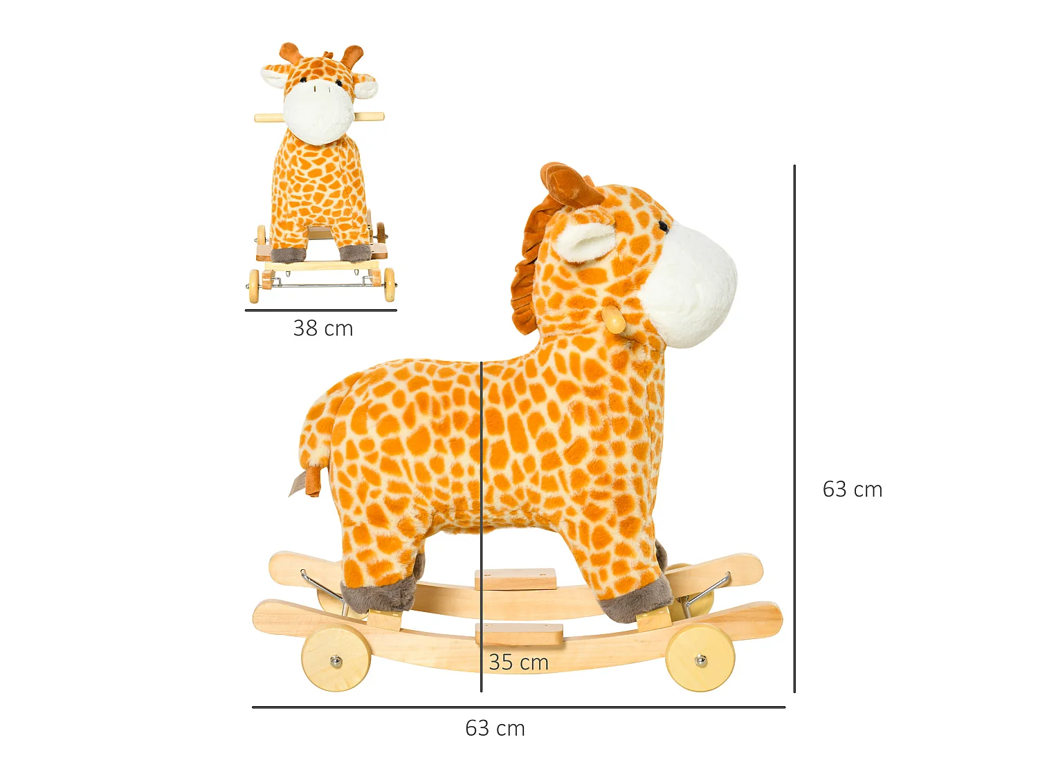 Jouet à bascule girafe et porteur sur roulettes 2 en 1 fonction sonore mugissement  bois peuplier peluche courte polyester tacheté