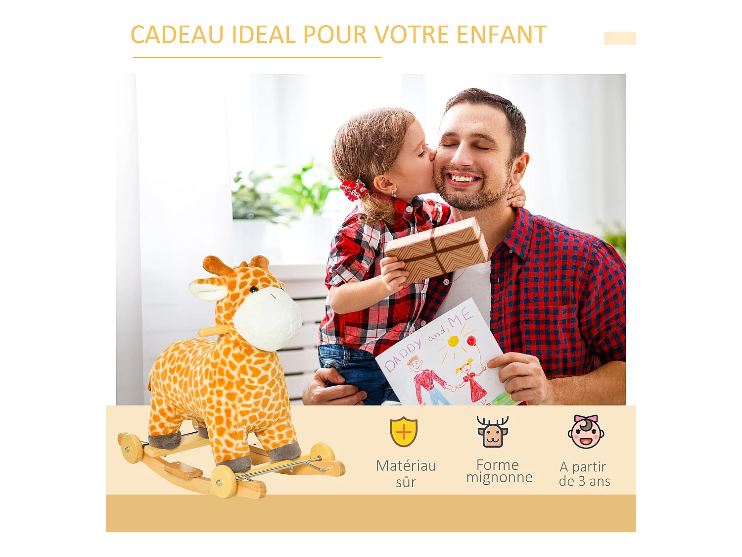 Jouet à bascule girafe et porteur sur roulettes 2 en 1 fonction sonore mugissement  bois peuplier peluche courte polyester tacheté