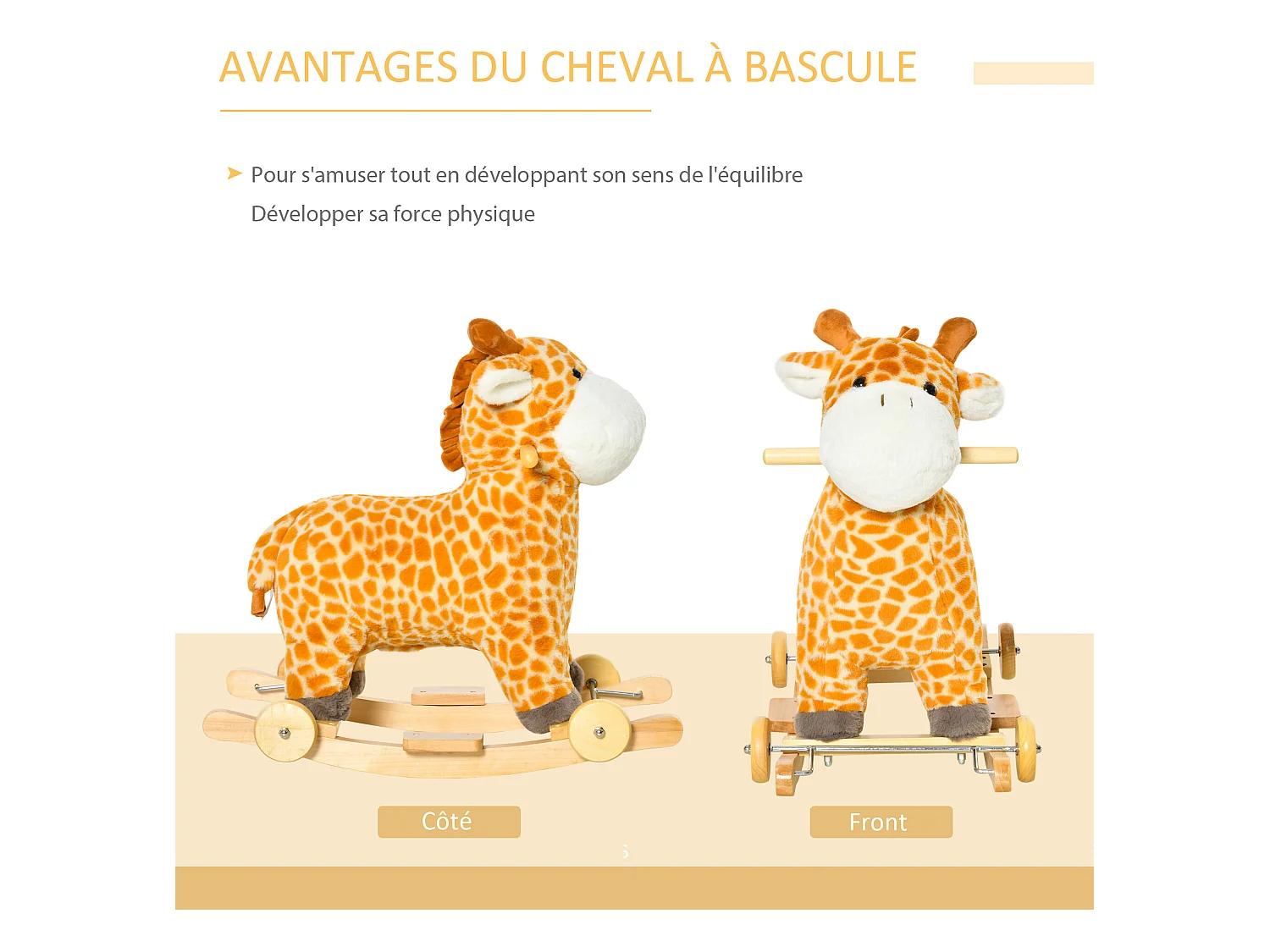 Jouet à bascule girafe et porteur sur roulettes 2 en 1 fonction sonore mugissement  bois peuplier peluche courte polyester tacheté