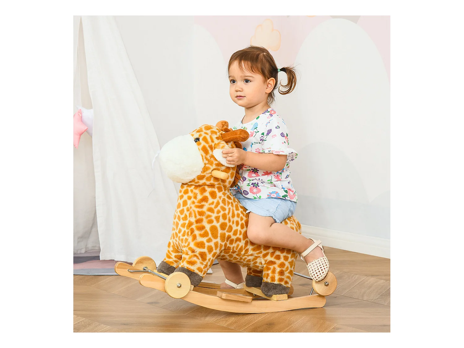 Jouet à bascule girafe et porteur sur roulettes 2 en 1 fonction sonore mugissement  bois peuplier peluche courte polyester tacheté