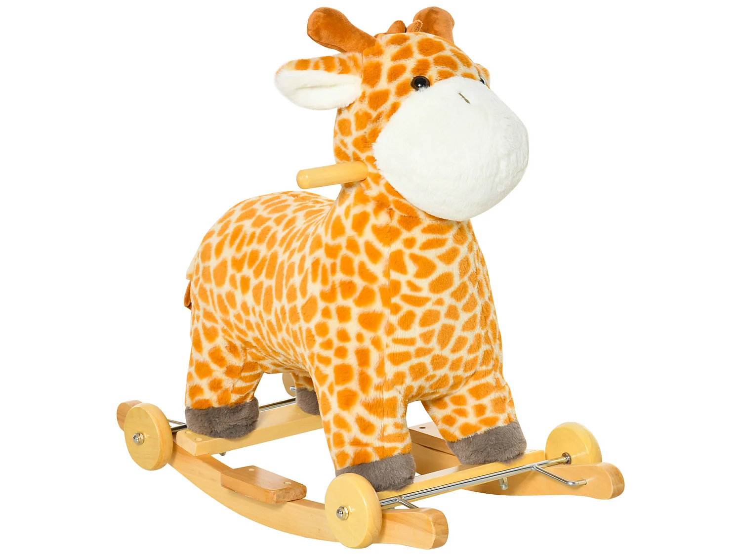 Jouet à bascule girafe et porteur sur roulettes 2 en 1 fonction sonore mugissement  bois peuplier peluche courte polyester tacheté