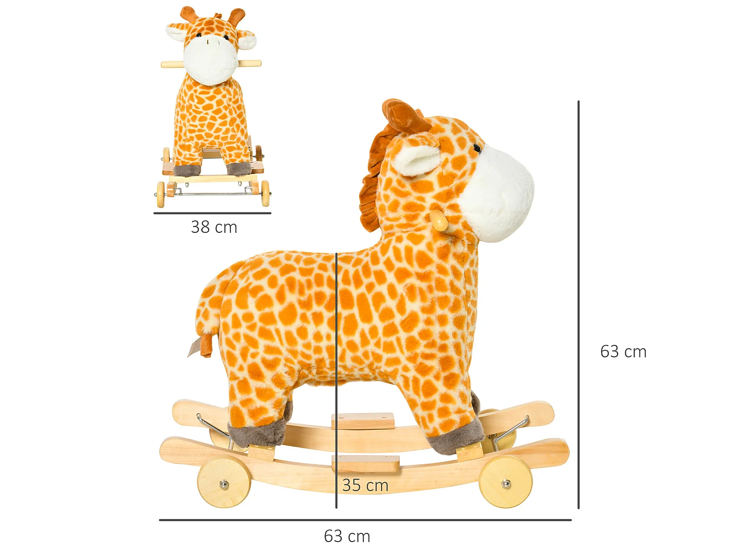 Jouet à bascule girafe et porteur sur roulettes 2 en 1 fonction sonore mugissement  bois peuplier peluche courte polyester tacheté