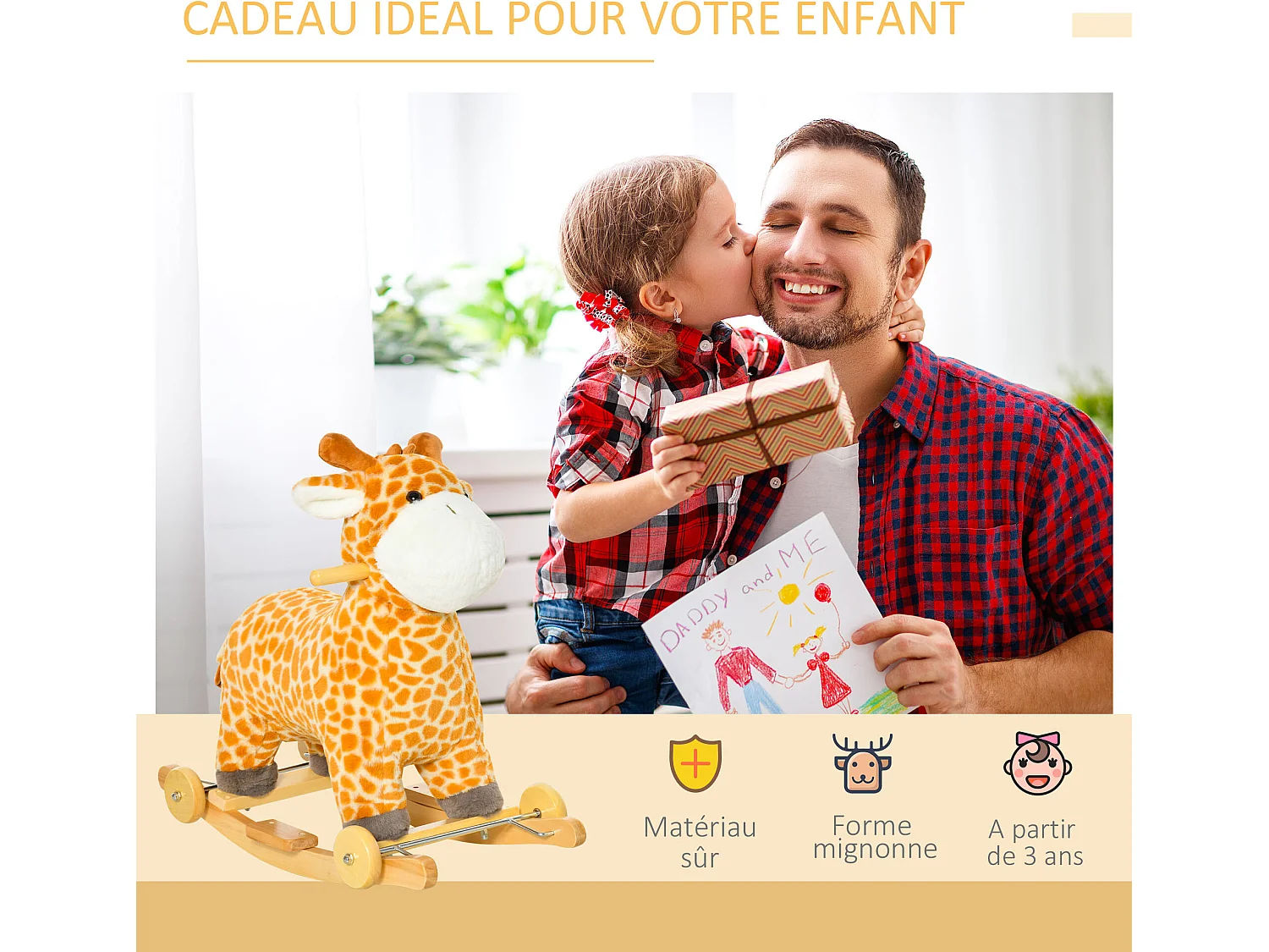 Jouet à bascule girafe et porteur sur roulettes 2 en 1 fonction sonore mugissement  bois peuplier peluche courte polyester tacheté