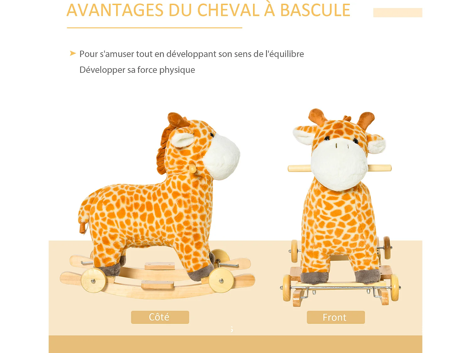 Jouet à bascule girafe et porteur sur roulettes 2 en 1 fonction sonore mugissement  bois peuplier peluche courte polyester tacheté