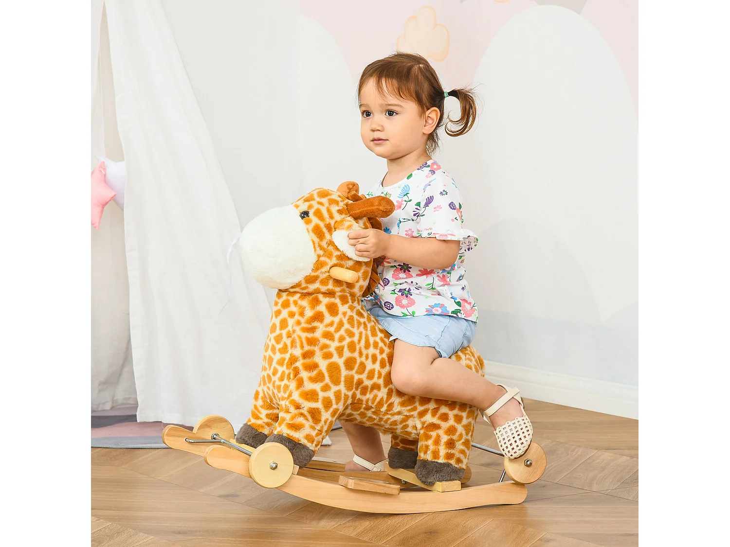 Jouet à bascule girafe et porteur sur roulettes 2 en 1 fonction sonore mugissement  bois peuplier peluche courte polyester tacheté
