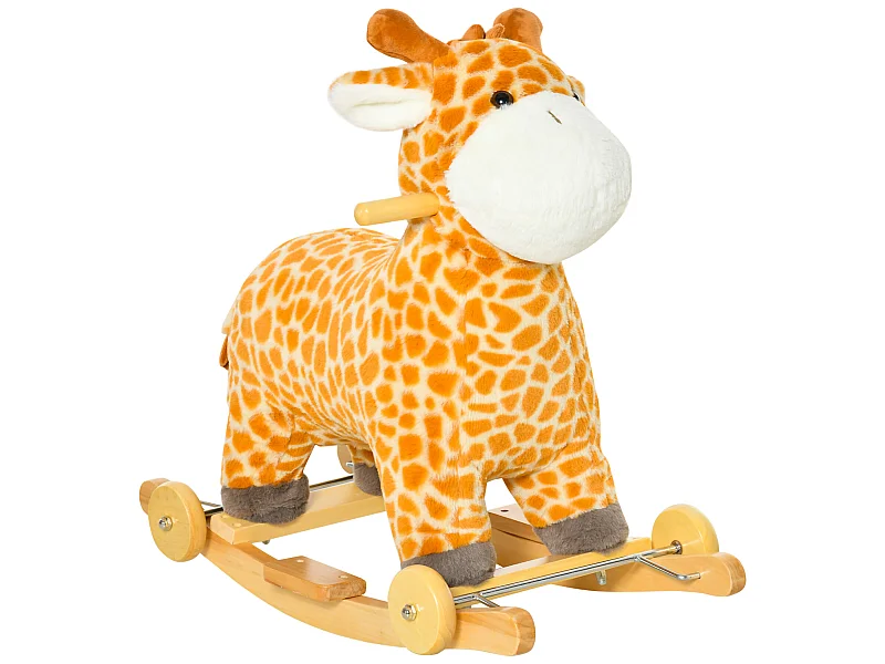 Jouet à bascule girafe et porteur sur roulettes 2 en 1 fonction sonore mugissement  bois peuplier peluche courte polyester tacheté