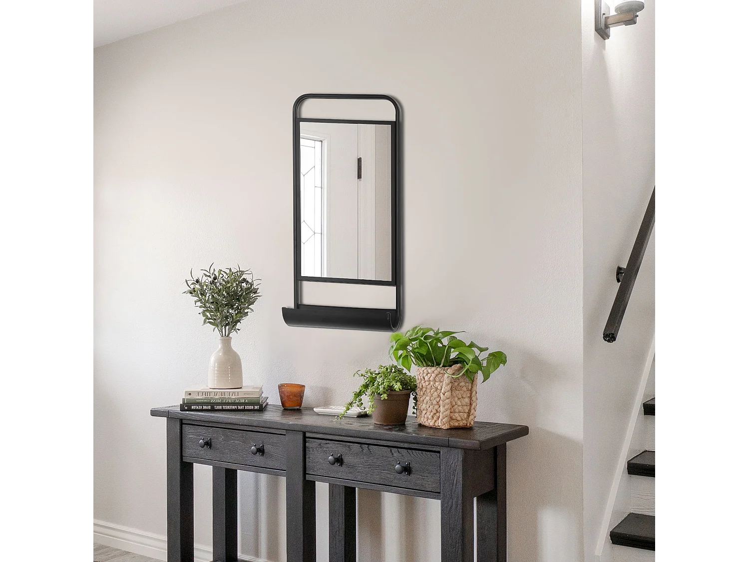 Miroir mural étagère intégrée design industriel - châssis métal noir étagère MDF noir verre