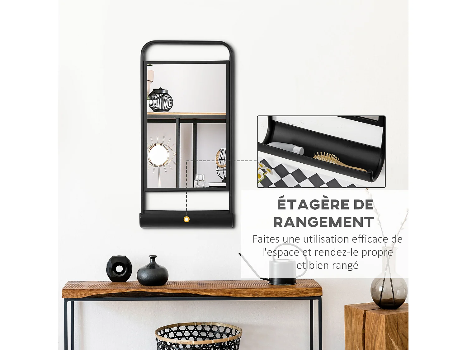 Miroir mural étagère intégrée design industriel - châssis métal noir étagère MDF noir verre