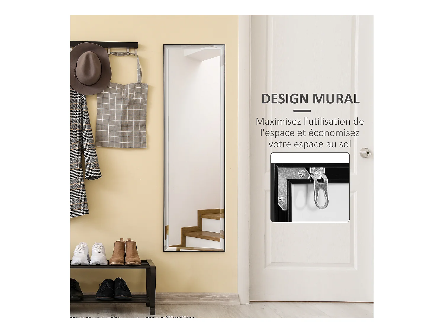 Miroir mural dim. 120L x 35l cm - film sécurité anti déflagrant, système attache inclus - cadre alliage alu. noir