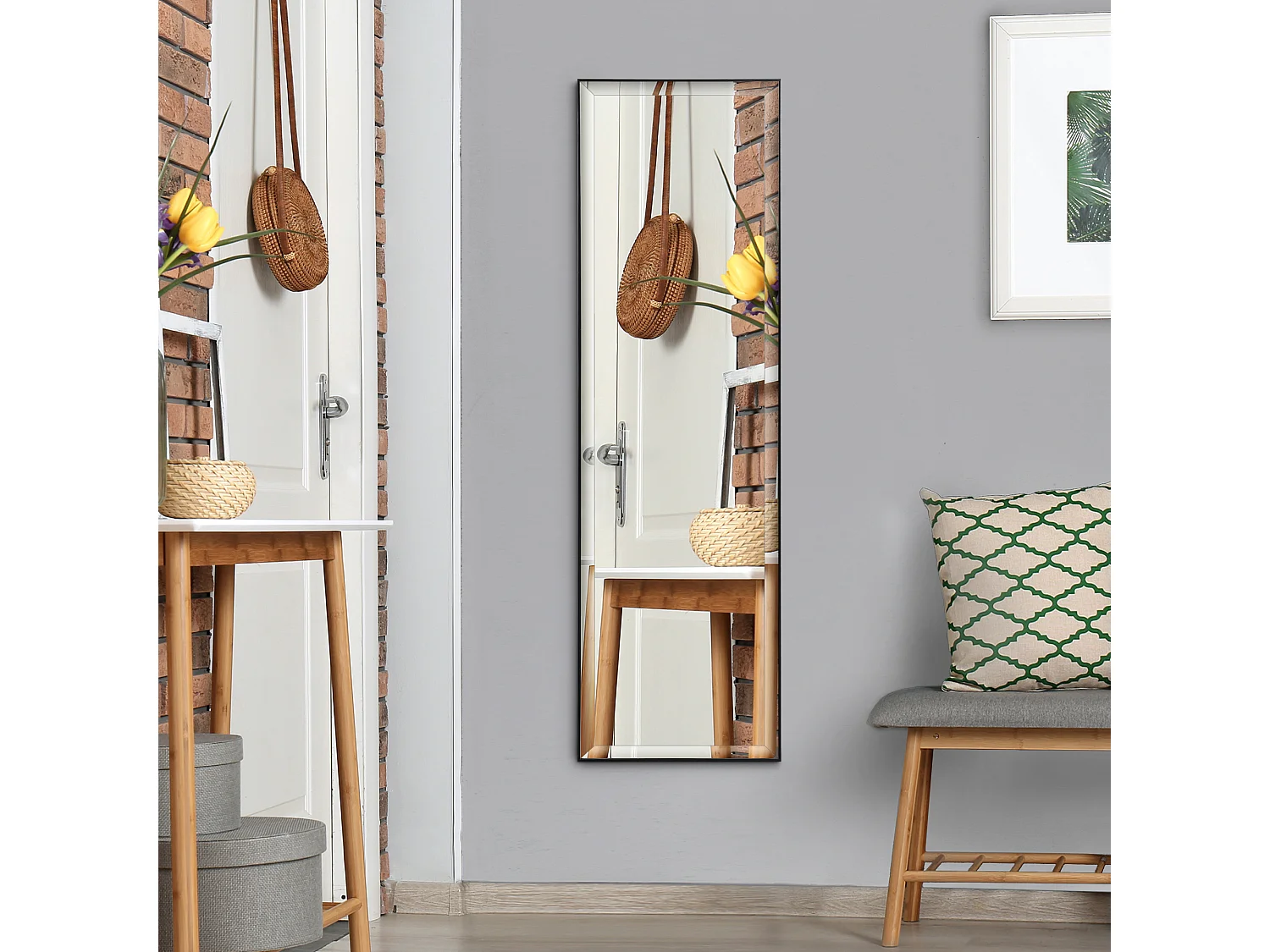 Miroir mural dim. 120L x 35l cm - film sécurité anti déflagrant, système attache inclus - cadre alliage alu. noir