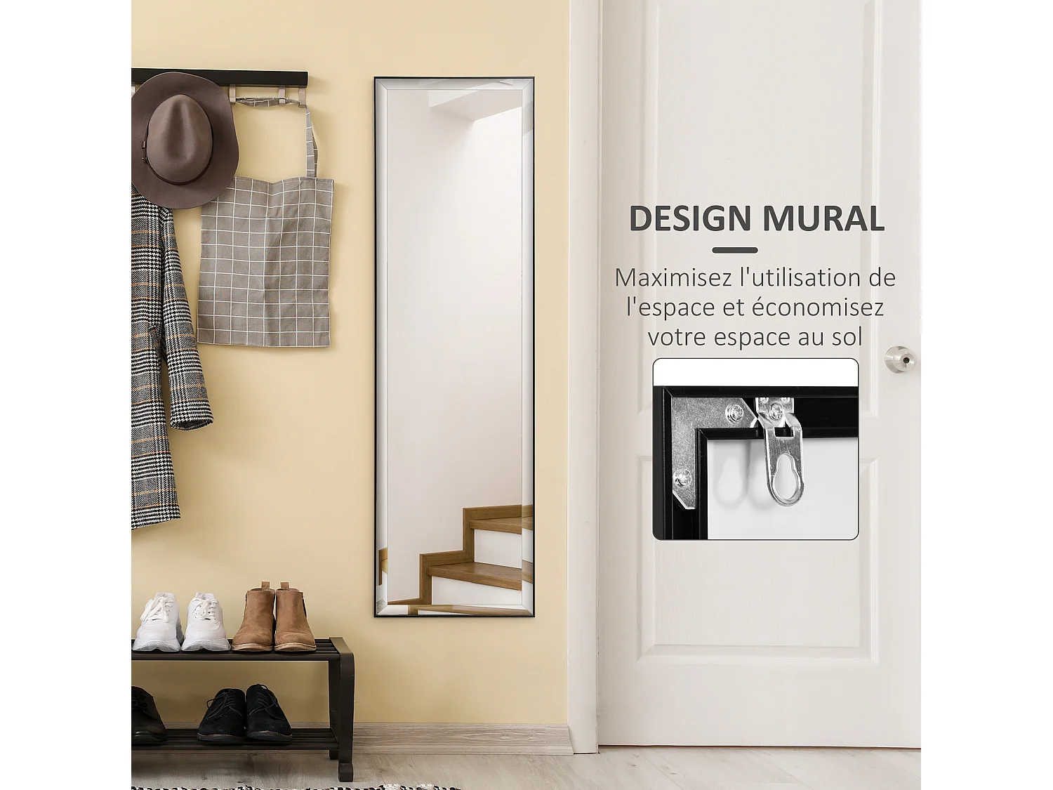 Miroir mural dim. 120L x 35l cm - film sécurité anti déflagrant, système attache inclus - cadre alliage alu. noir