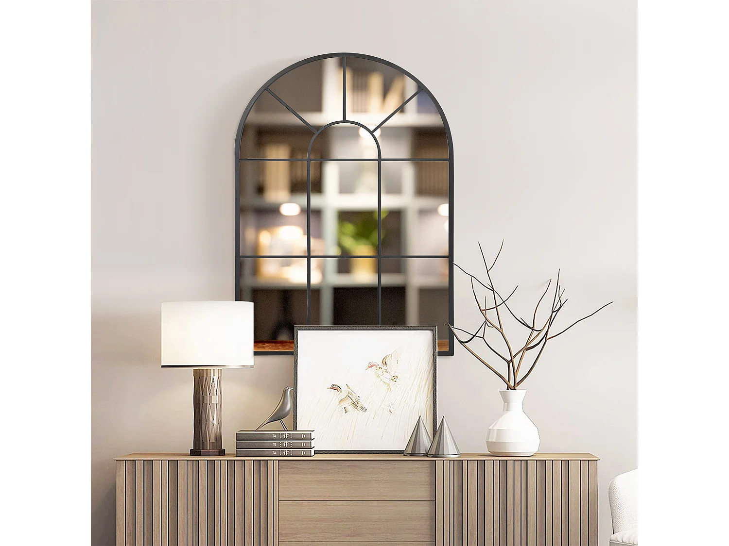 Miroir mural aspect verrière style classique chic - dim. 60L x 90H cm - métal noir verre 3 mm