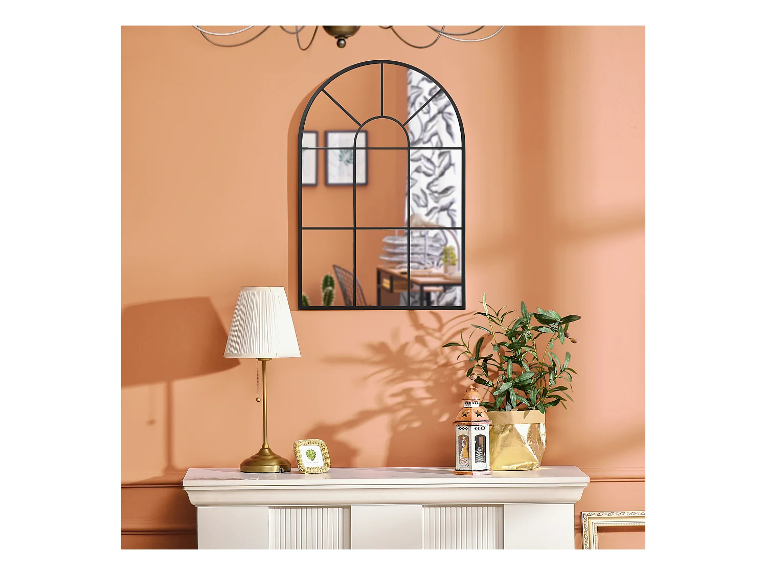 Miroir mural aspect verrière style classique chic - dim. 60L x 90H cm - métal noir verre 3 mm