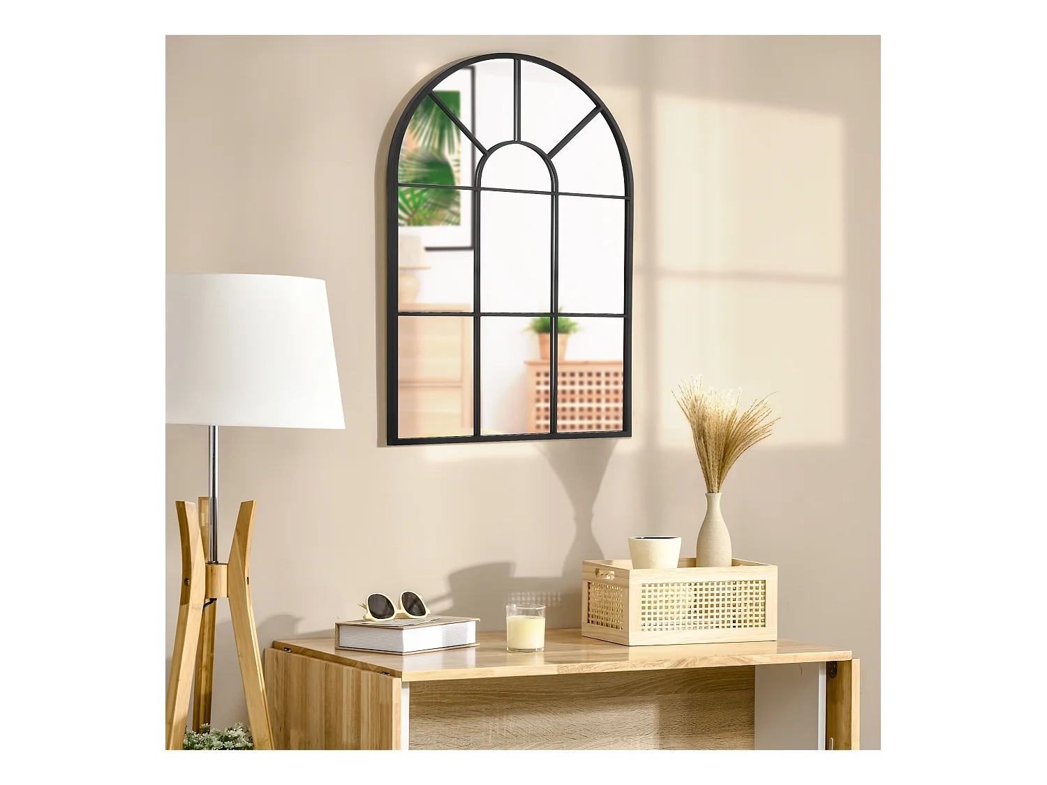 Miroir mural aspect verrière style classique chic - dim. 60L x 90H cm - métal noir verre 3 mm