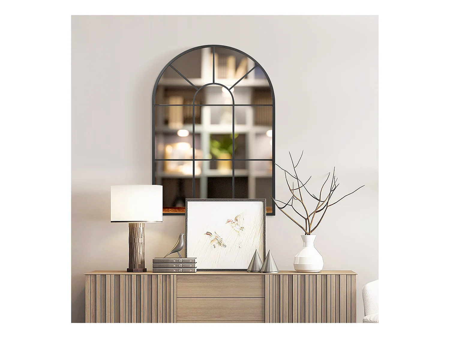 Miroir mural aspect verrière style classique chic - dim. 60L x 90H cm - métal noir verre 3 mm