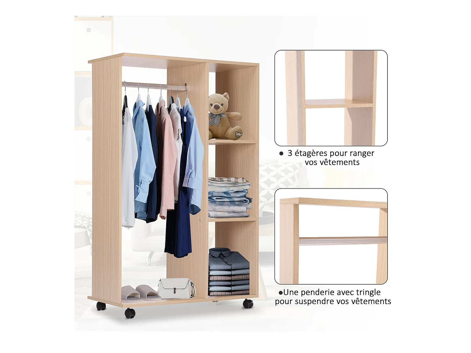 Armoire penderie armoire de rangement mobile panneaux de particules coloris chêne clair