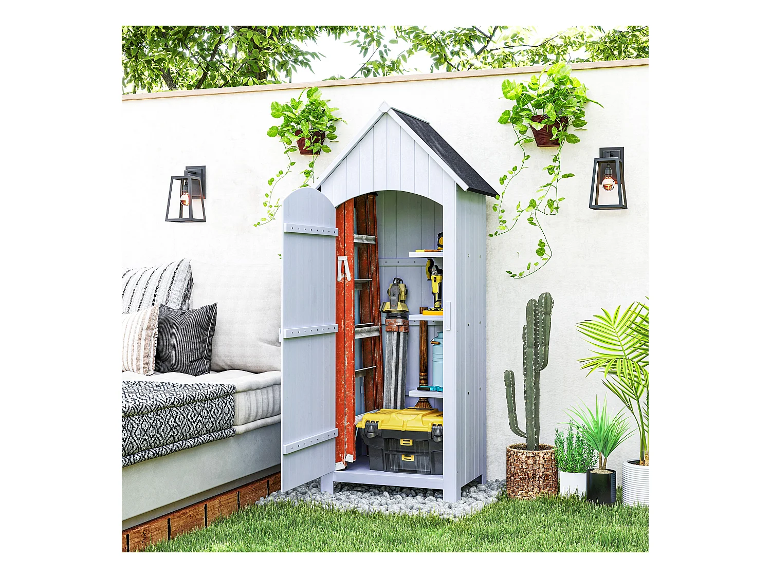 Armoire abri de jardin remise pour outils 3 étagères porte loquet toit pente bitumé dim. 77L x 54l x 179H cm bois sapin pré-huilé blanc