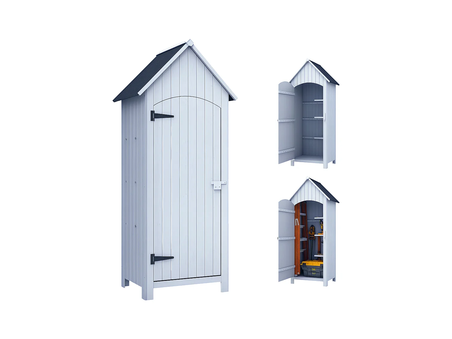 Armoire abri de jardin remise pour outils 3 étagères porte loquet toit pente bitumé dim. 77L x 54l x 179H cm bois sapin pré-huilé blanc