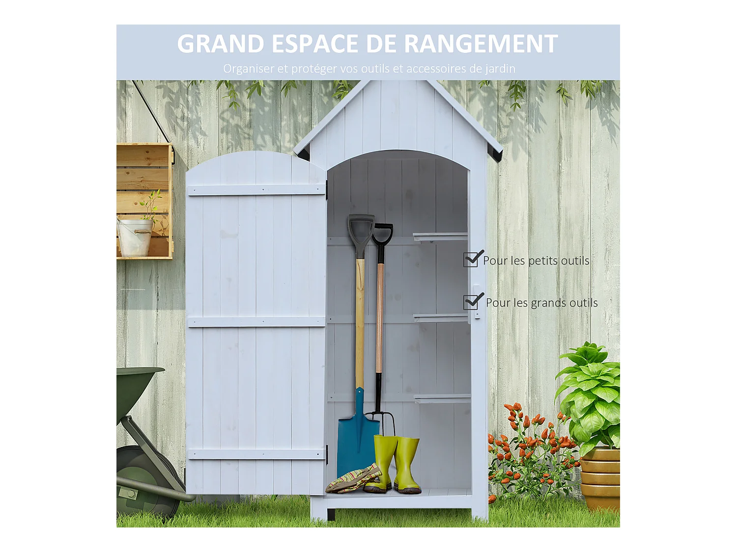 Armoire abri de jardin remise pour outils 3 étagères porte loquet toit pente bitumé dim. 77L x 54l x 179H cm bois sapin pré-huilé blanc