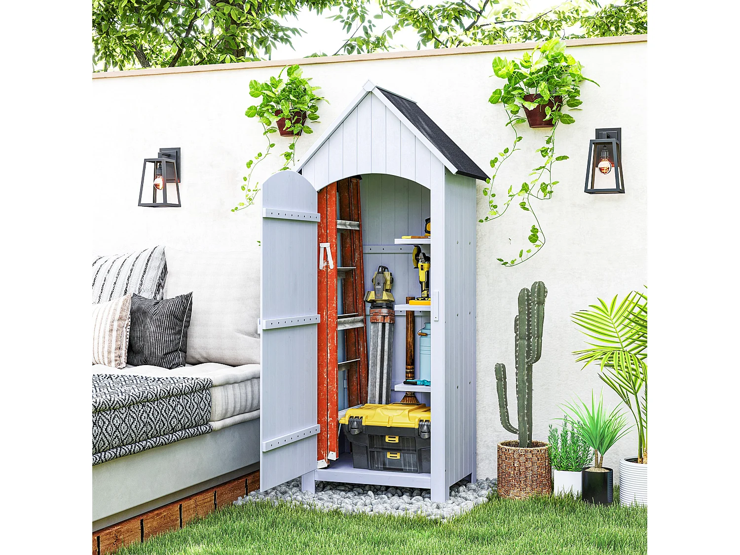 Armoire abri de jardin remise pour outils 3 étagères porte loquet toit pente bitumé dim. 77L x 54l x 179H cm bois sapin pré-huilé blanc