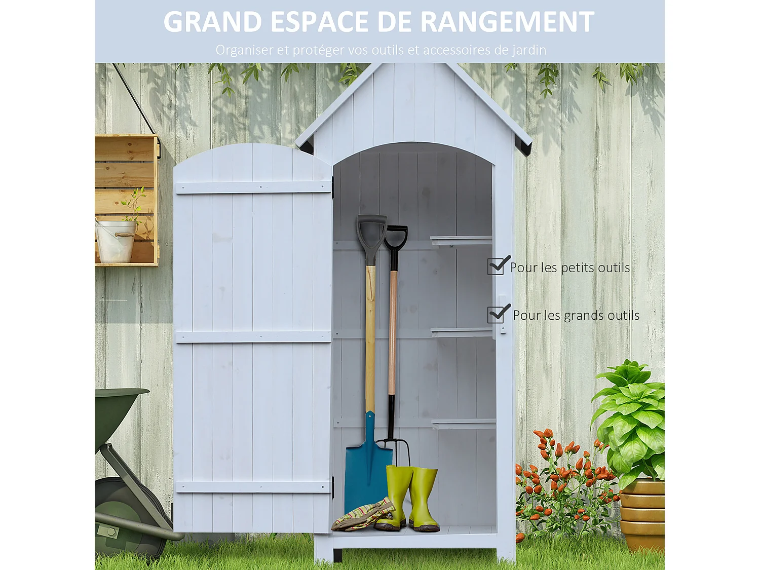 Armoire abri de jardin remise pour outils 3 étagères porte loquet toit pente bitumé dim. 77L x 54l x 179H cm bois sapin pré-huilé blanc