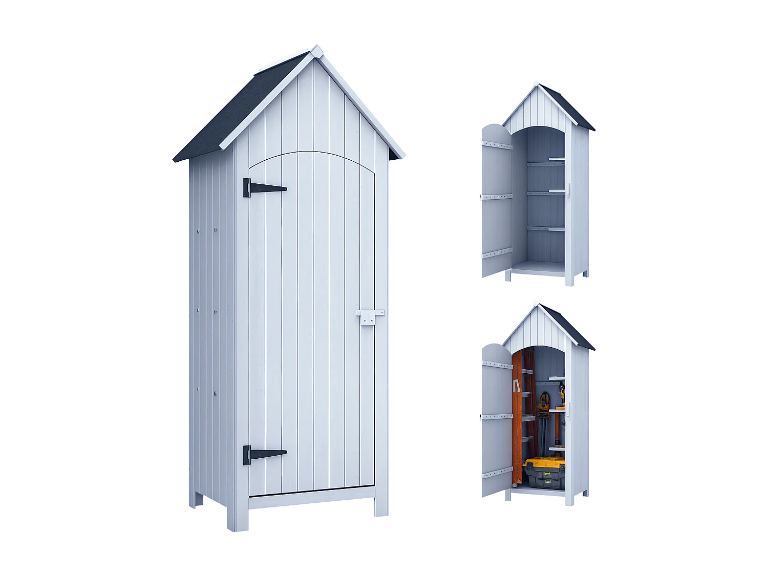 Armoire abri de jardin remise pour outils 3 étagères porte loquet toit pente bitumé dim. 77L x 54l x 179H cm bois sapin pré-huilé blanc