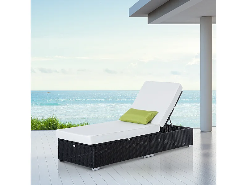 Bain de soleil transat grand confort 195L x 68l x 31H cm dossier inclinable multi-positions matelas épaisseur 10 cm crème résine tressée 4 fils noir