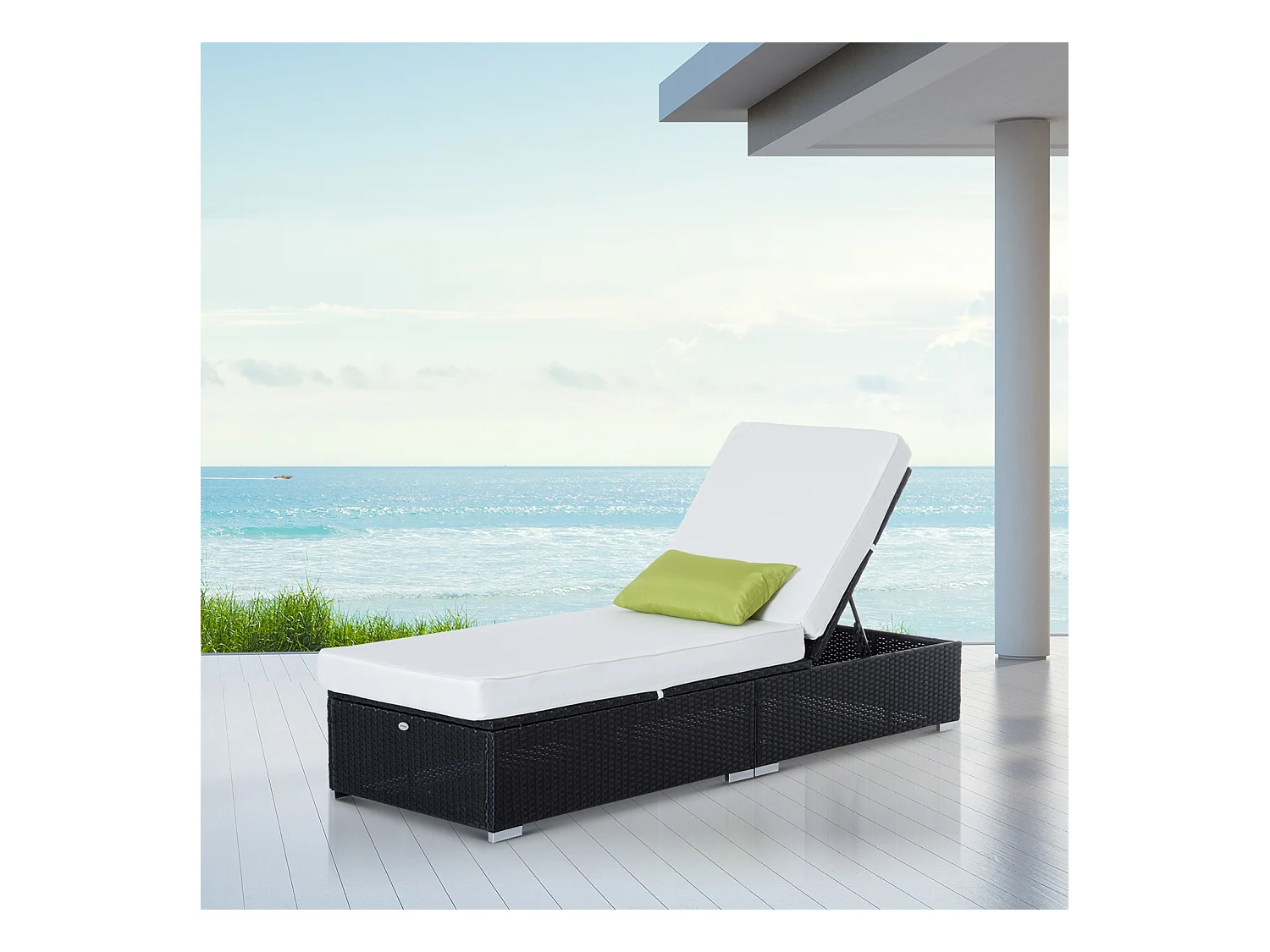 Bain de soleil transat grand confort 195L x 68l x 31H cm dossier inclinable multi-positions matelas épaisseur 10 cm crème résine tressée 4 fils noir