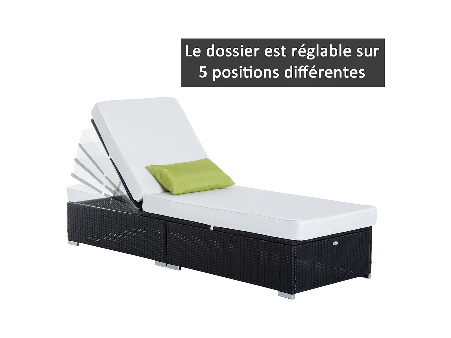 Bain de soleil transat grand confort 195L x 68l x 31H cm dossier inclinable multi-positions matelas épaisseur 10 cm crème résine tressée 4 fils noir