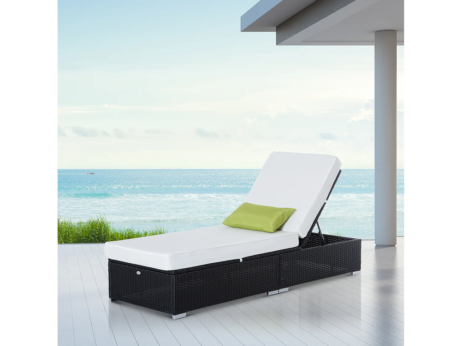 Bain de soleil transat grand confort 195L x 68l x 31H cm dossier inclinable multi-positions matelas épaisseur 10 cm crème résine tressée 4 fils noir