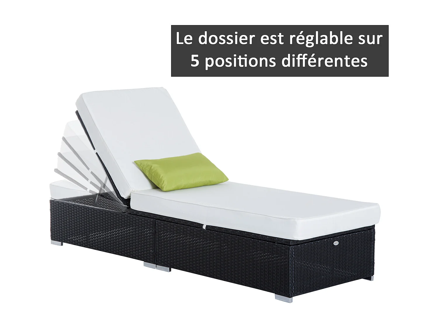Bain de soleil transat grand confort 195L x 68l x 31H cm dossier inclinable multi-positions matelas épaisseur 10 cm crème résine tressée 4 fils noir